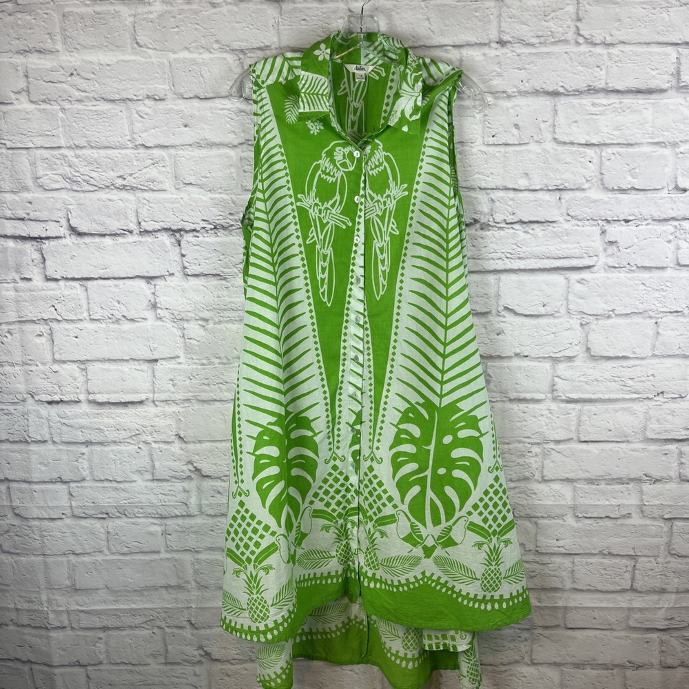 Dalin Resort Wear Lightweight Cotton Tropical Print Shirt Dress 1X Parrots